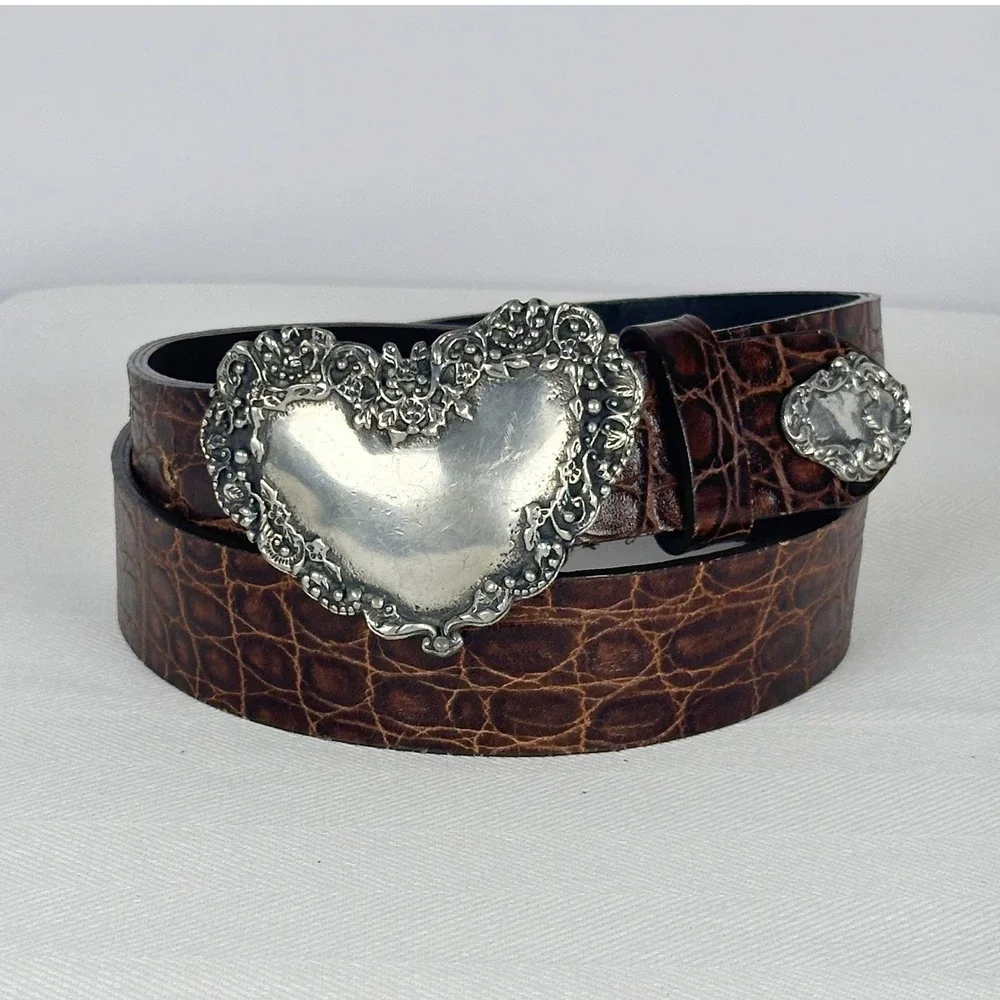FCX‎ Collection Brown Croc Embossed Belt Pewter Vintage Heart Buckle Boho Size L